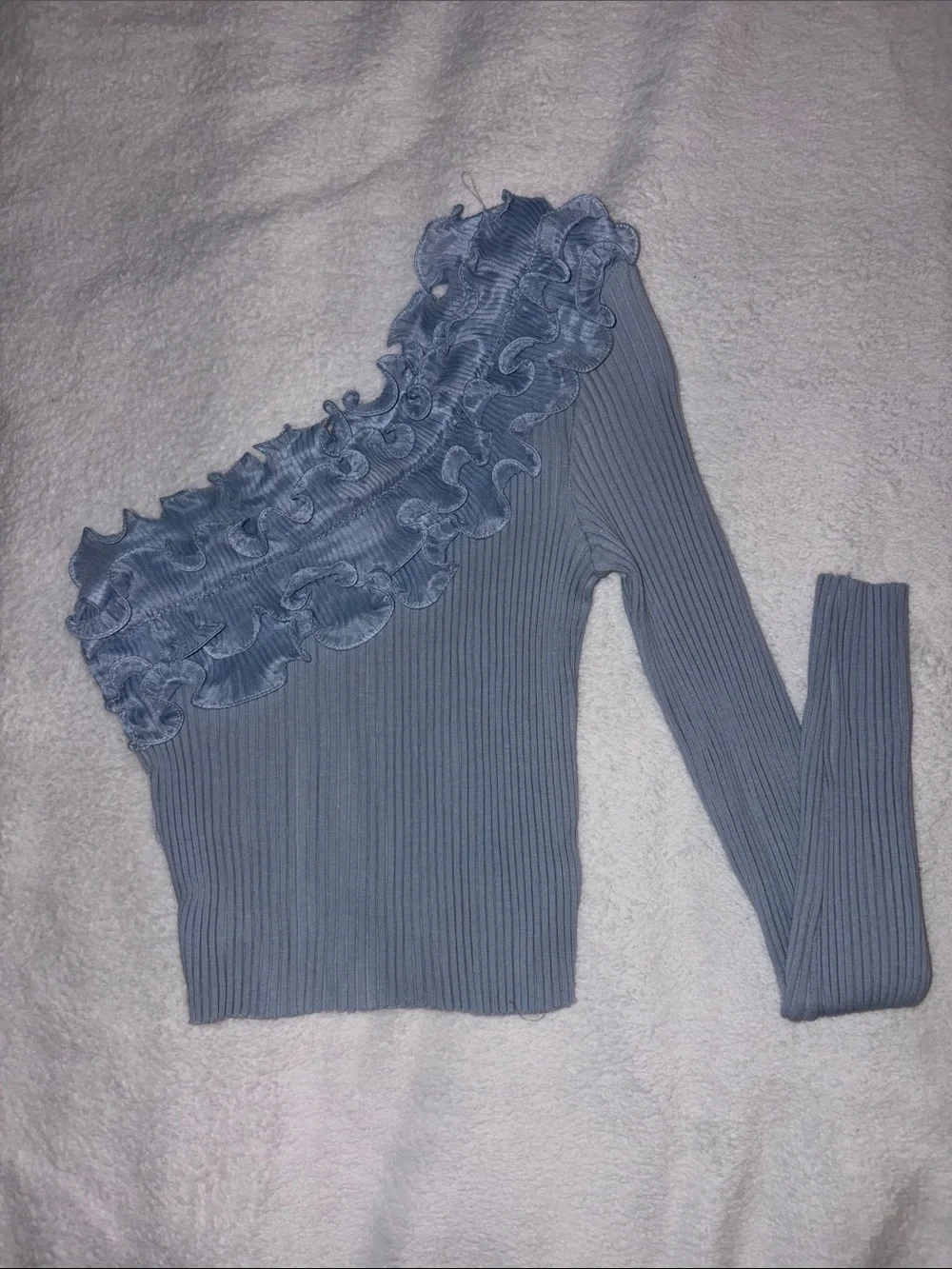 Zara Dusty Blue One-Shoulder Ruffle Ribbed Top